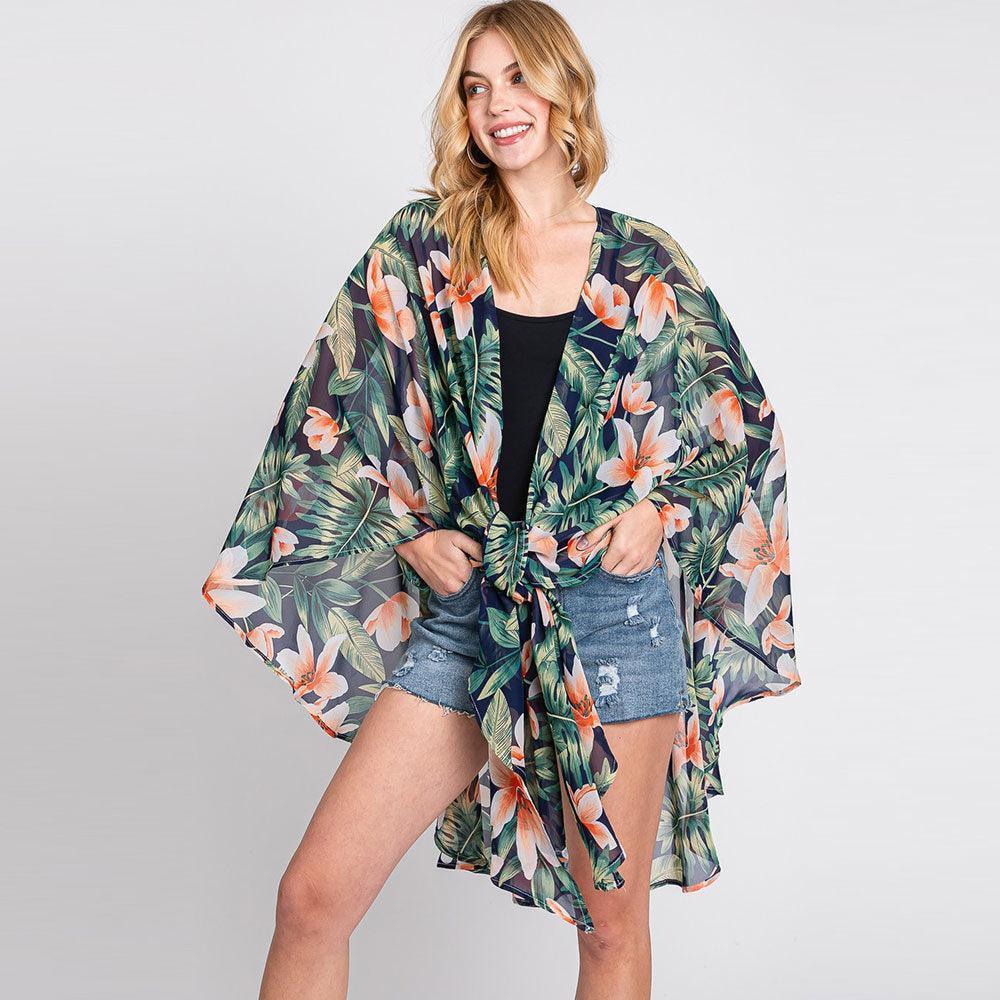 Navy Tropical Leaves Print Shawl Cover-Up Kimono Poncho - Jewelry Store by Erik Rayo