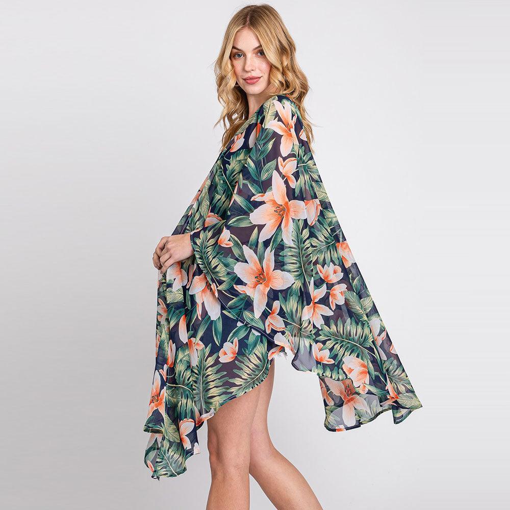 Navy Tropical Leaves Print Shawl Cover-Up Kimono Poncho - Jewelry Store by Erik Rayo