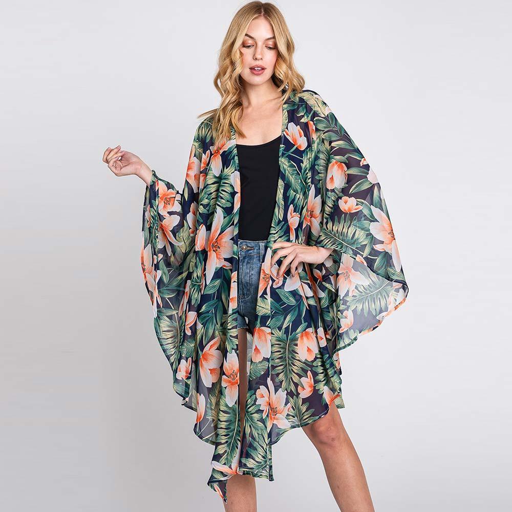 Navy Tropical Leaves Print Shawl Cover-Up Kimono Poncho - Jewelry Store by Erik Rayo