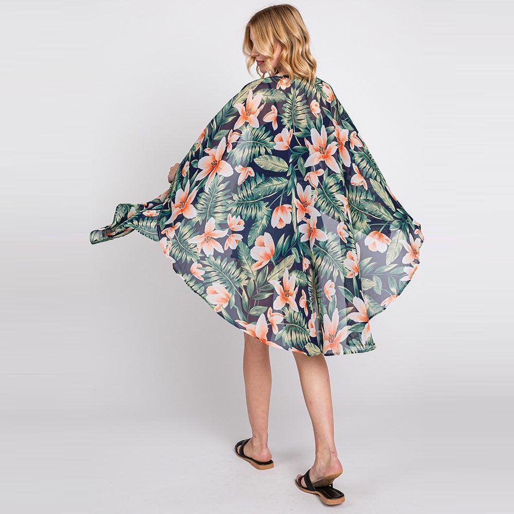Navy Tropical Leaves Print Shawl Cover-Up Kimono Poncho - Jewelry Store by Erik Rayo