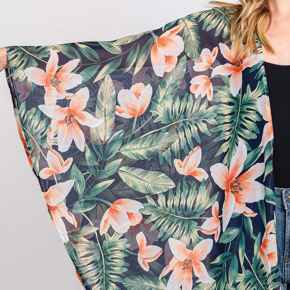 Navy Tropical Leaves Print Shawl Cover-Up Kimono Poncho - Jewelry Store by Erik Rayo