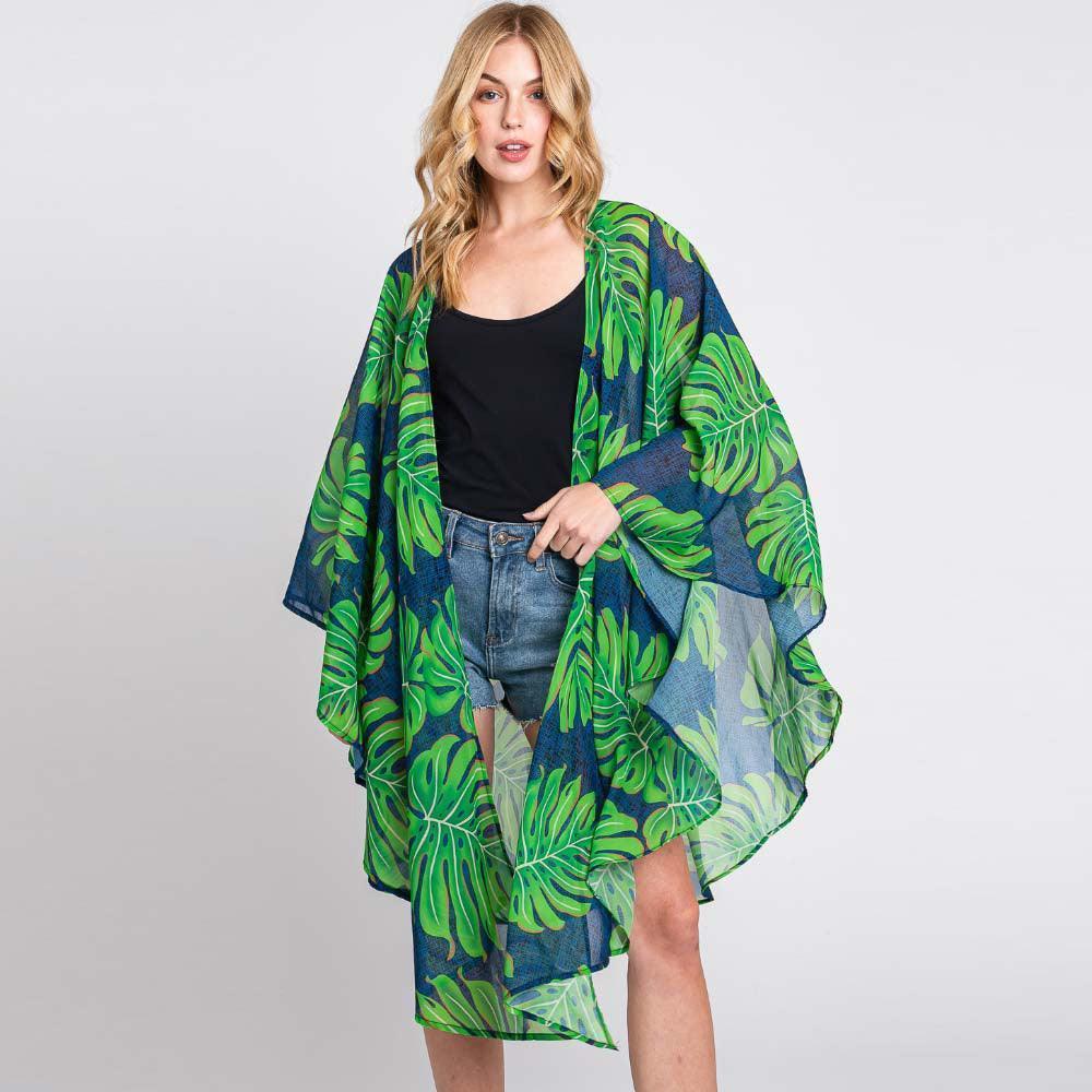 Green Tropical Leaves Print Shawl Cover-Up Kimono Poncho - Jewelry Store by Erik Rayo