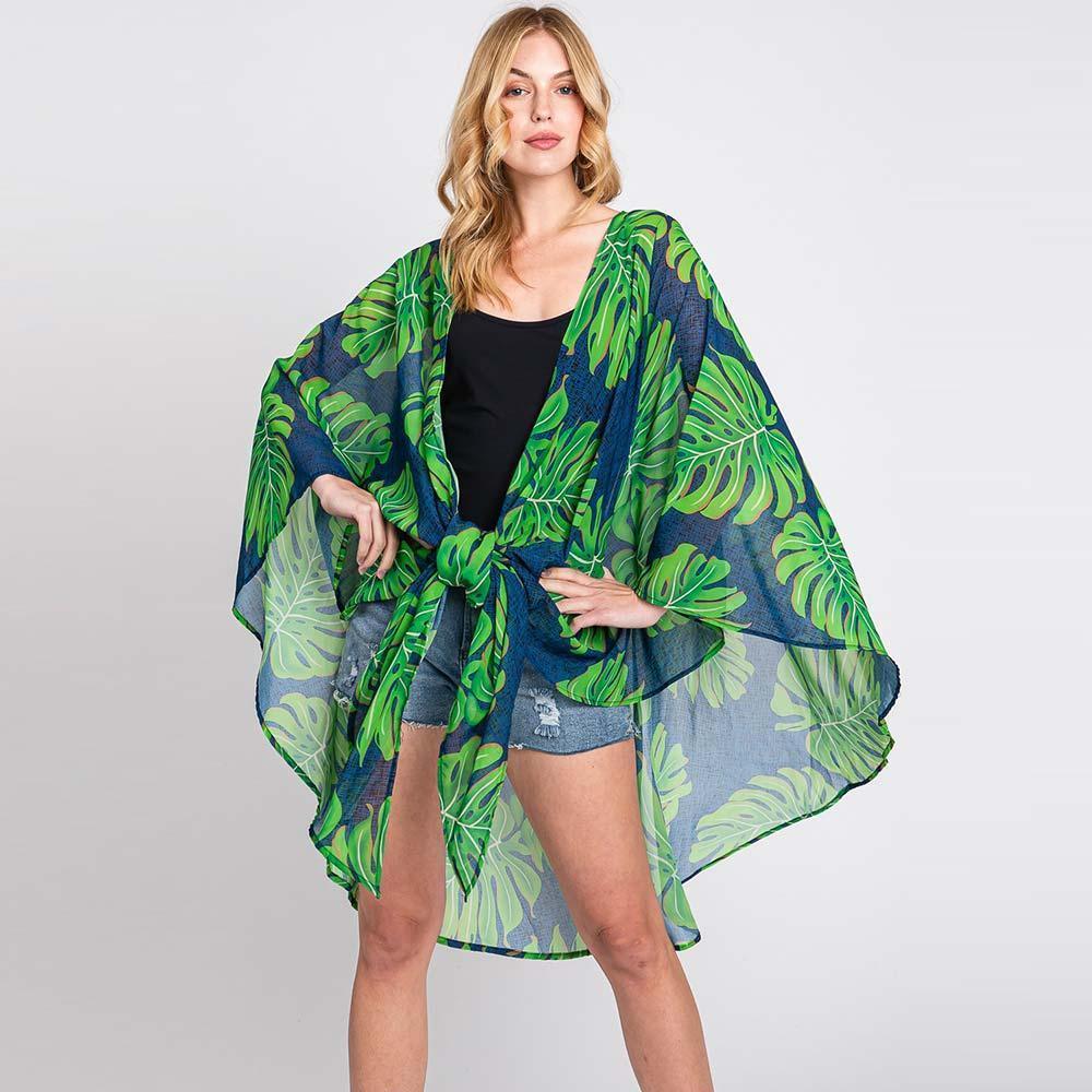 Green Tropical Leaves Print Shawl Cover-Up Kimono Poncho - Jewelry Store by Erik Rayo