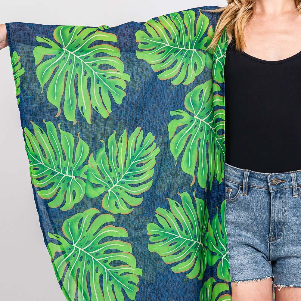 Green Tropical Leaves Print Shawl Cover-Up Kimono Poncho - Jewelry Store by Erik Rayo