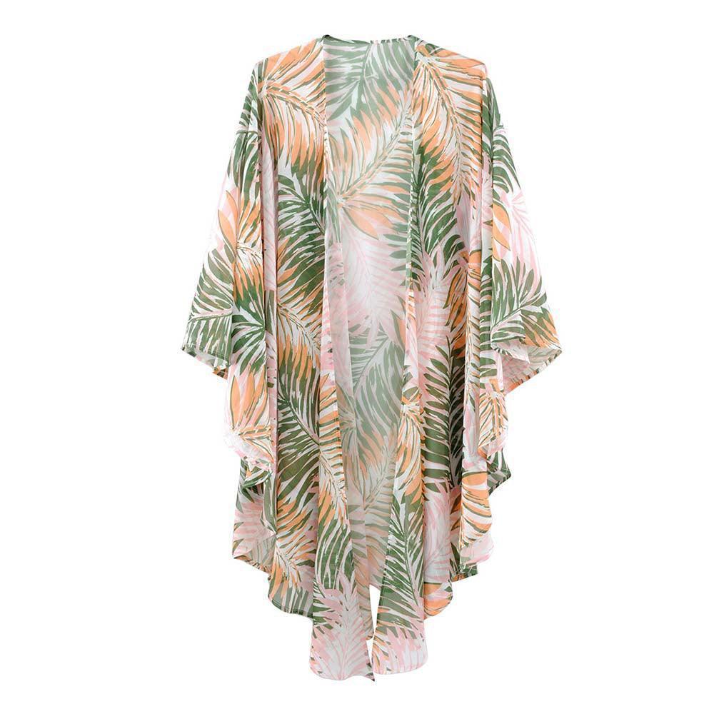 Green Tropical Leaves Print Shawl Cover-Up Kimono Poncho - Jewelry Store by Erik Rayo