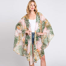 Load image into Gallery viewer, Green Tropical Leaves Print Shawl Cover-Up Kimono Poncho
