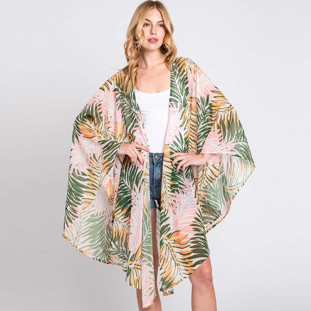 Green Tropical Leaves Print Shawl Cover-Up Kimono Poncho