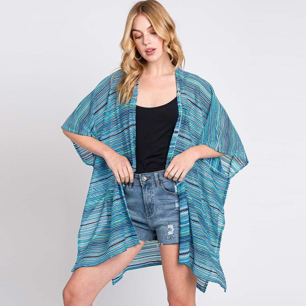 Blue Multi Color Stripe Crochet Open Front Cover-Up Kimono Poncho - Jewelry Store by Erik Rayo