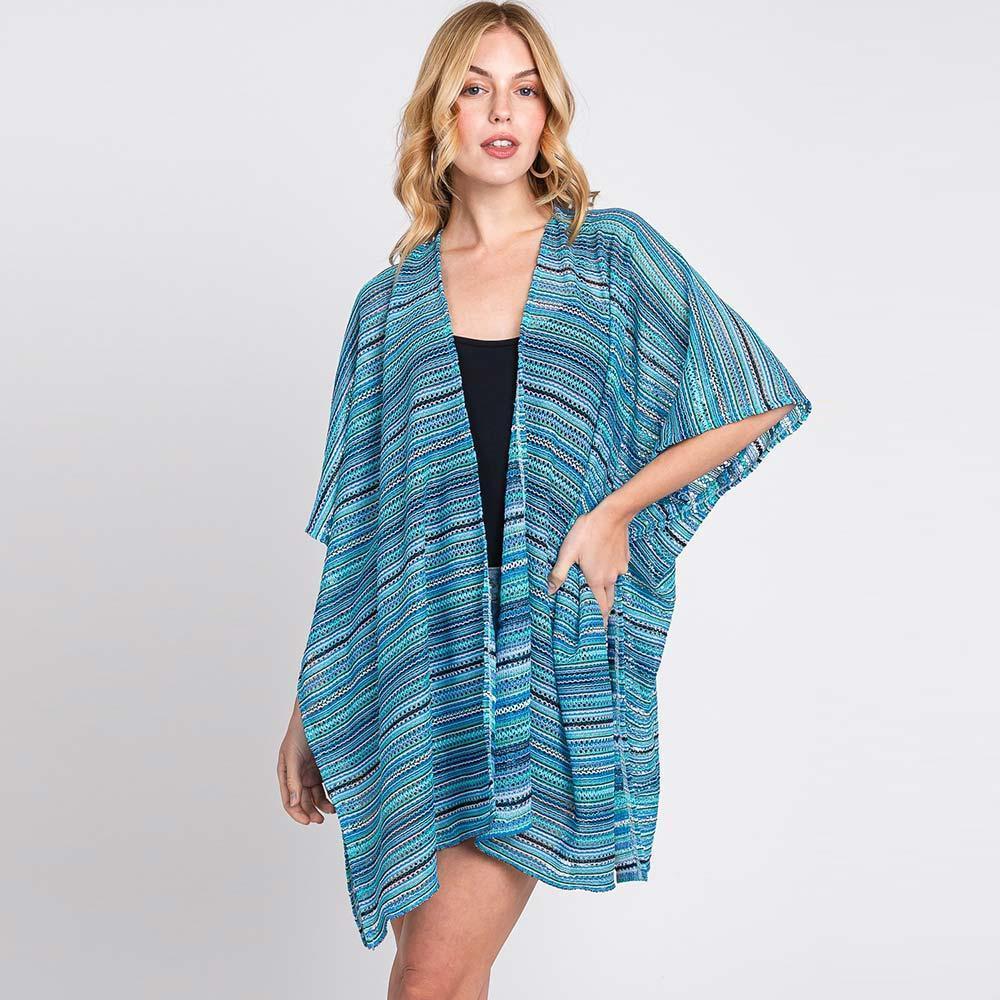 Blue Multi Color Stripe Crochet Open Front Cover-Up Kimono Poncho - Jewelry Store by Erik Rayo