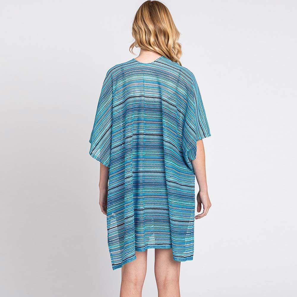 Blue Multi Color Stripe Crochet Open Front Cover-Up Kimono Poncho - Jewelry Store by Erik Rayo