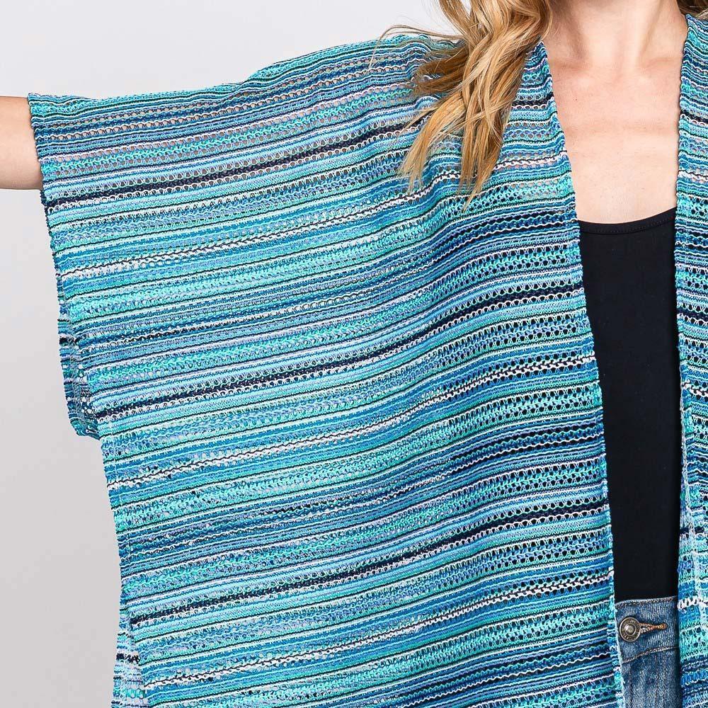 Blue Multi Color Stripe Crochet Open Front Cover-Up Kimono Poncho - Jewelry Store by Erik Rayo