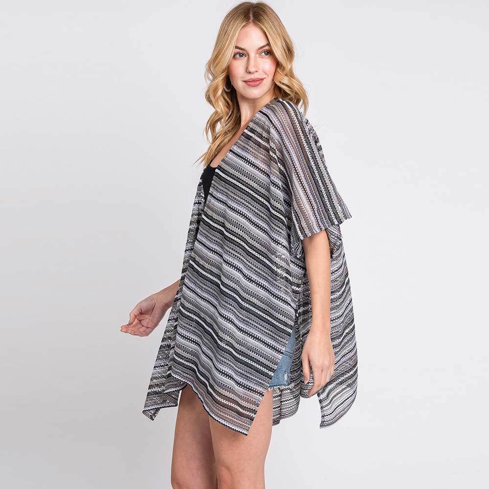 Gray Multi Color Stripe Crochet Open Front Cover-Up Kimono Poncho - Jewelry Store by Erik Rayo