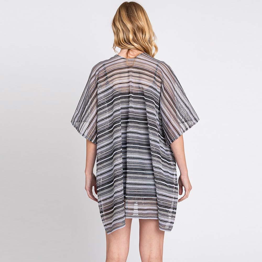 Gray Multi Color Stripe Crochet Open Front Cover-Up Kimono Poncho - Jewelry Store by Erik Rayo