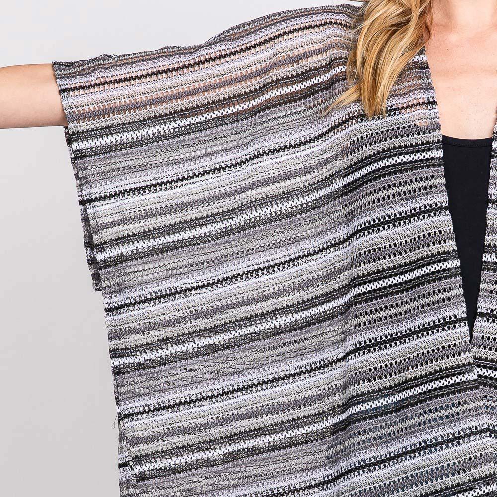 Gray Multi Color Stripe Crochet Open Front Cover-Up Kimono Poncho - Jewelry Store by Erik Rayo