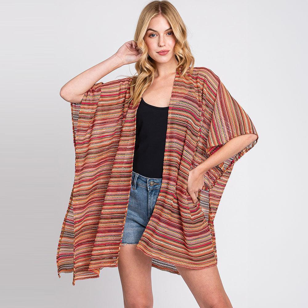 Red Multi Color Stripe Crochet Open Front Cover-Up Kimono Poncho - Jewelry Store by Erik Rayo