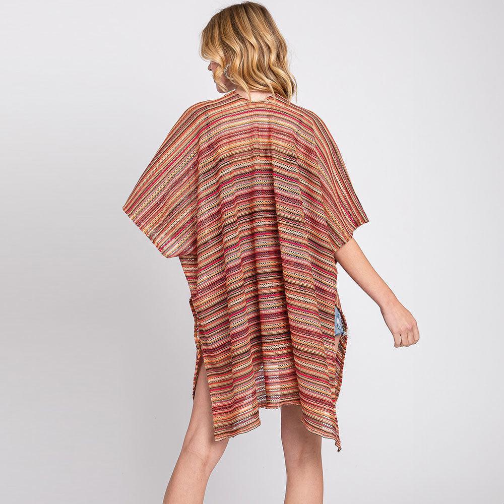 Red Multi Color Stripe Crochet Open Front Cover-Up Kimono Poncho - Jewelry Store by Erik Rayo