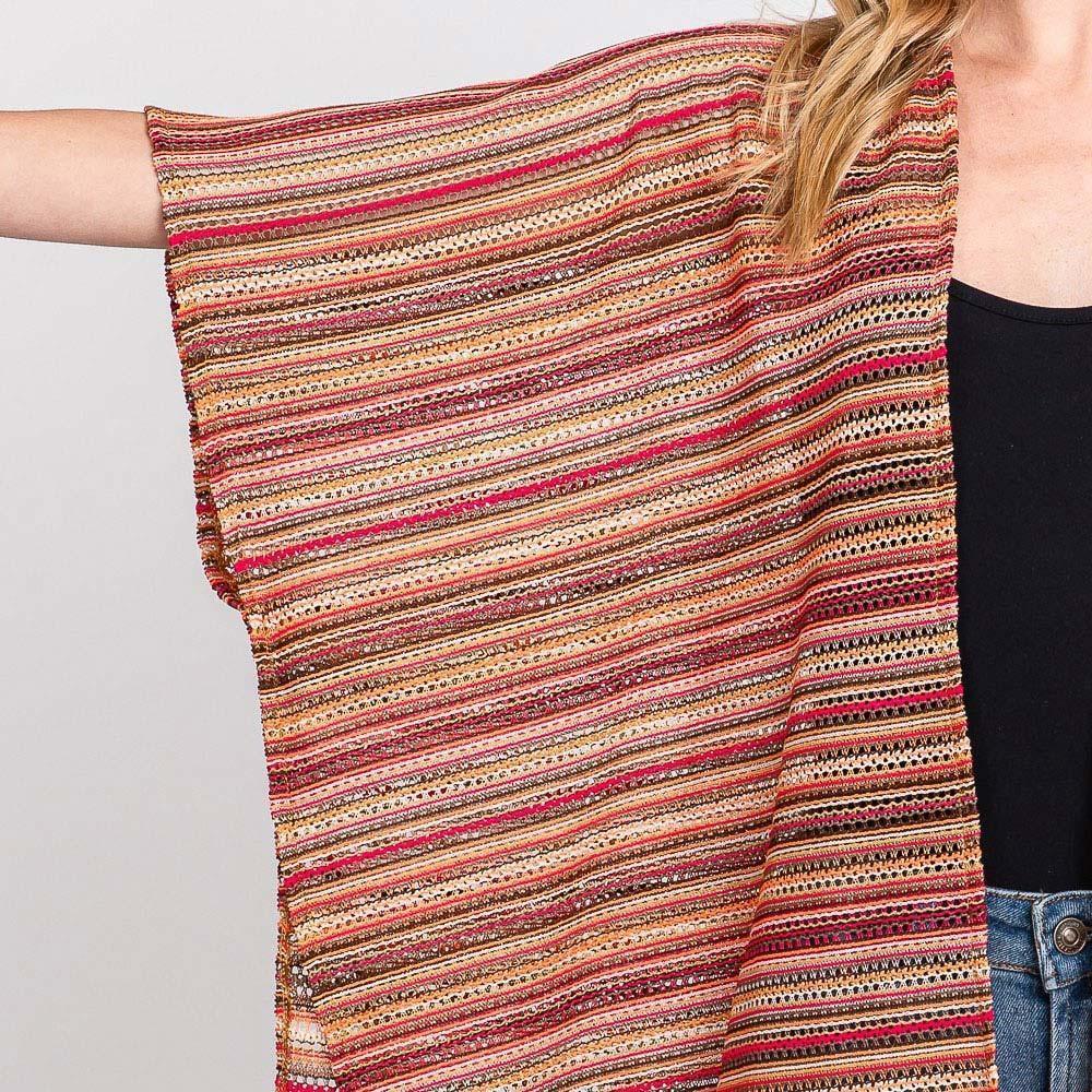 Red Multi Color Stripe Crochet Open Front Cover-Up Kimono Poncho - Jewelry Store by Erik Rayo