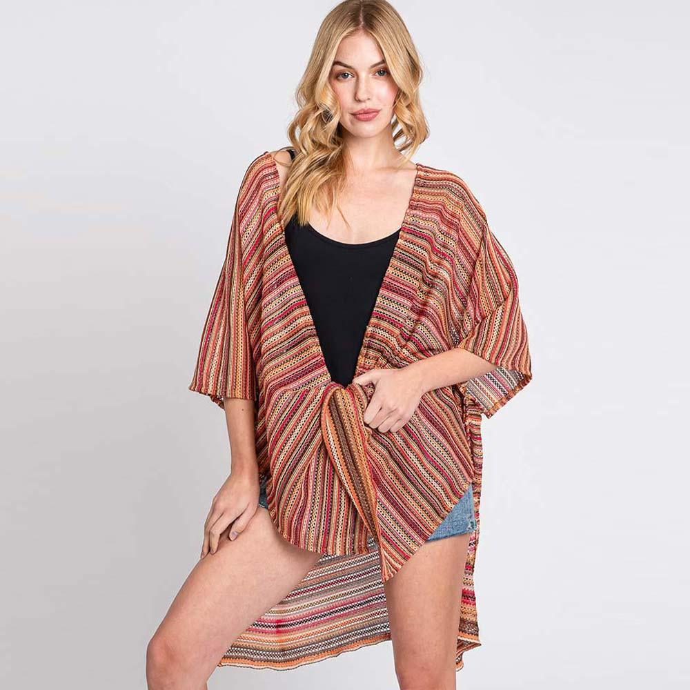 Red Multi Color Stripe Crochet Open Front Cover-Up Kimono Poncho - Jewelry Store by Erik Rayo