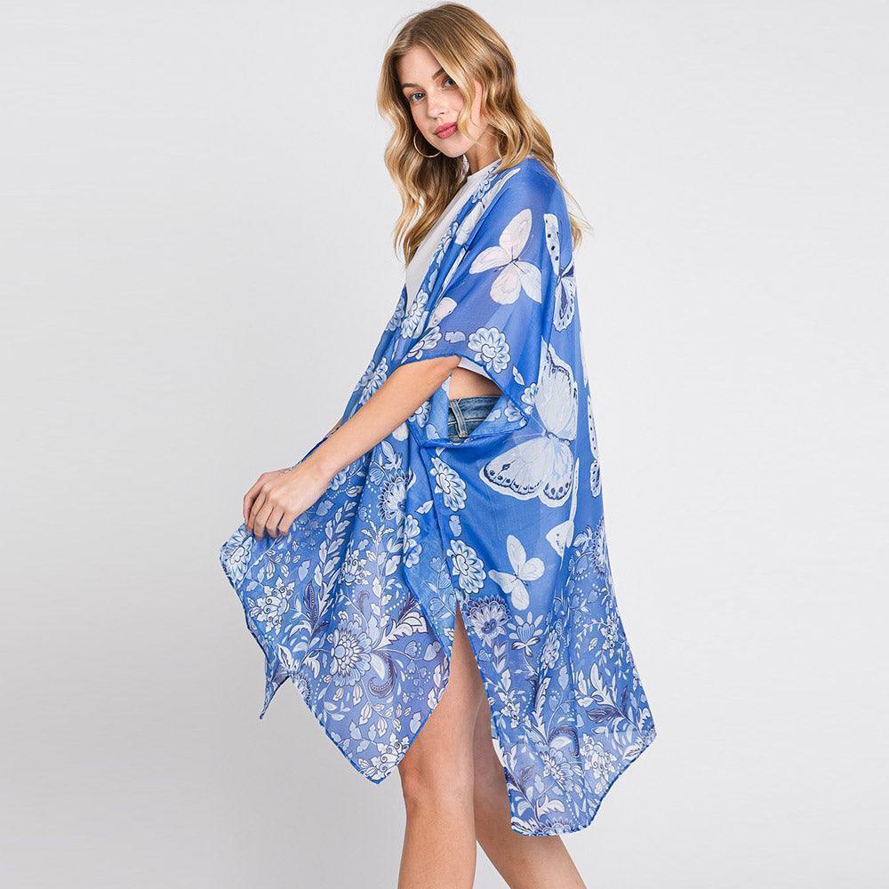 Blue Butterfly And Flower Print Kimono Poncho - Jewelry Store by Erik Rayo