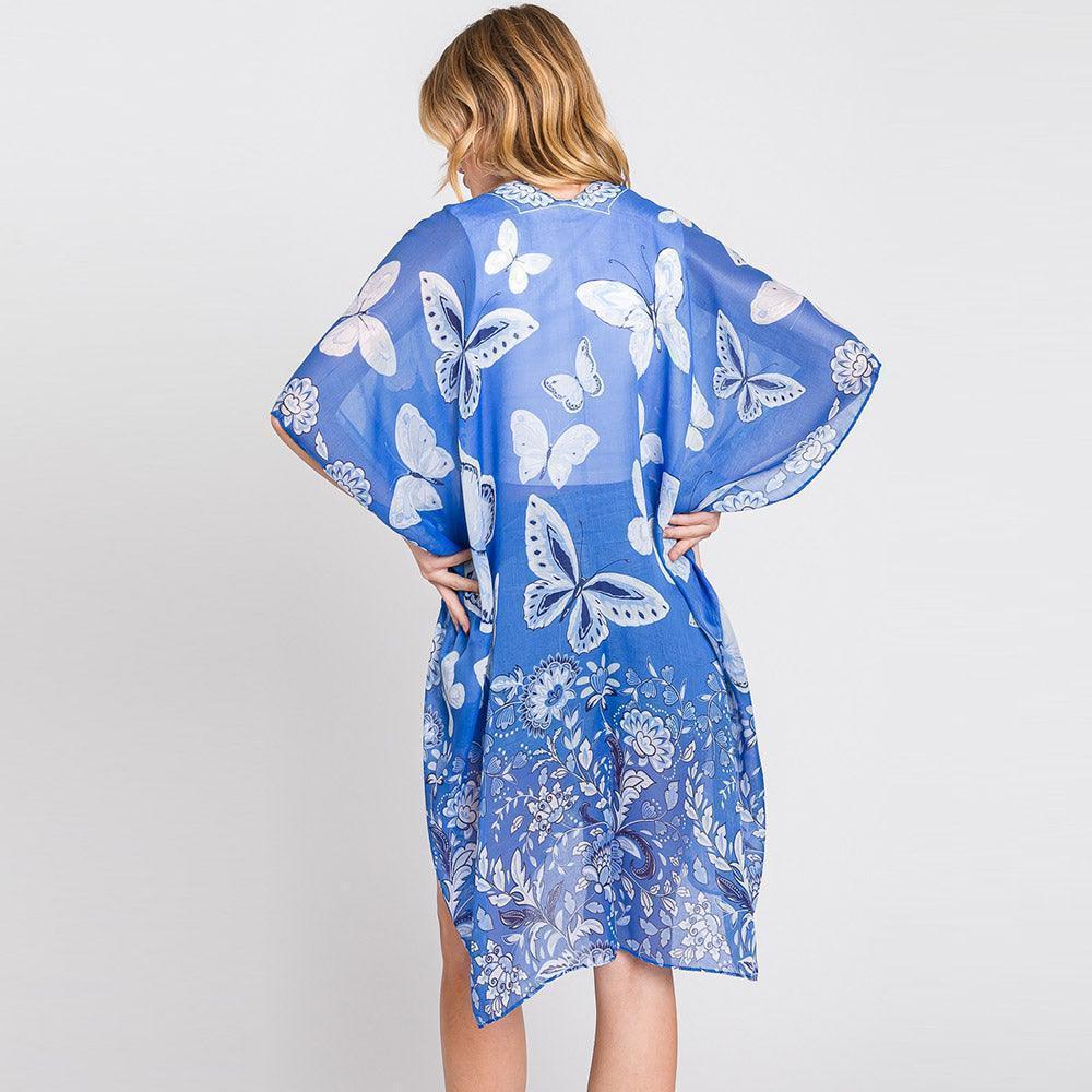 Blue Butterfly And Flower Print Kimono Poncho - Jewelry Store by Erik Rayo