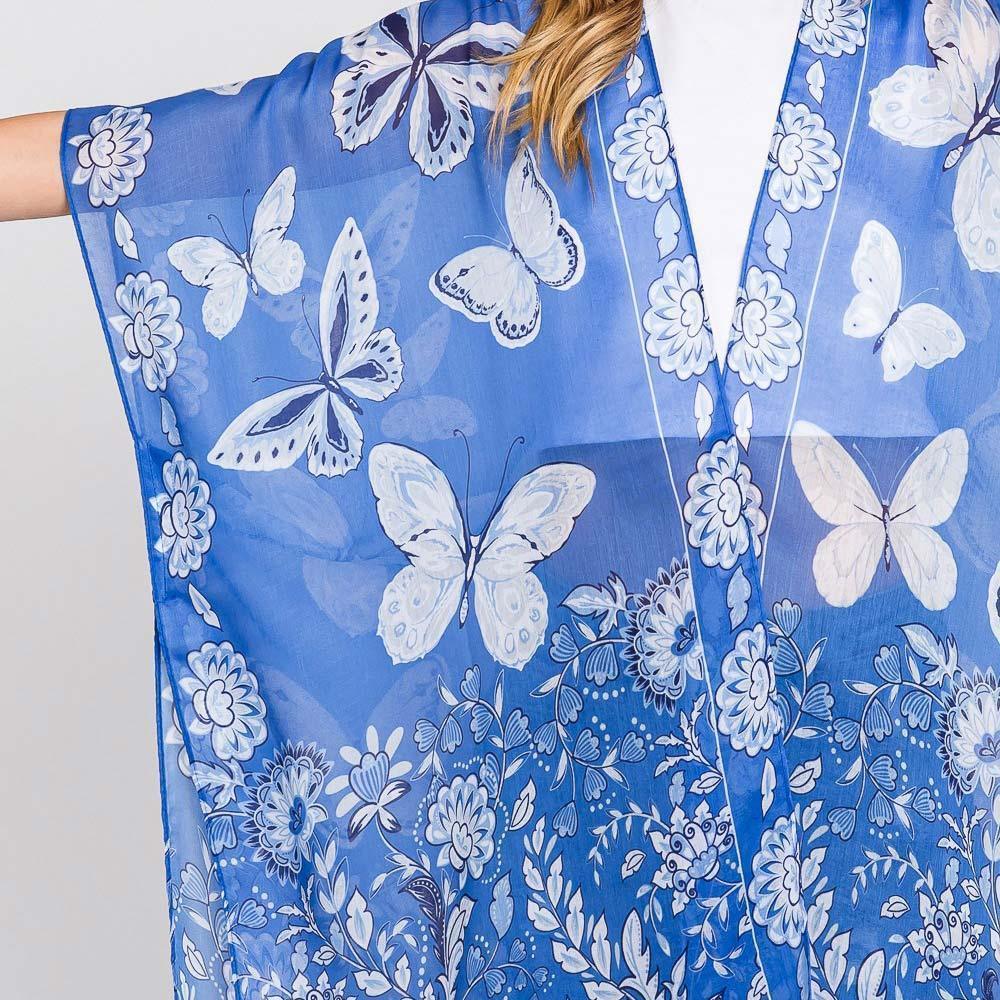Blue Butterfly And Flower Print Kimono Poncho - Jewelry Store by Erik Rayo