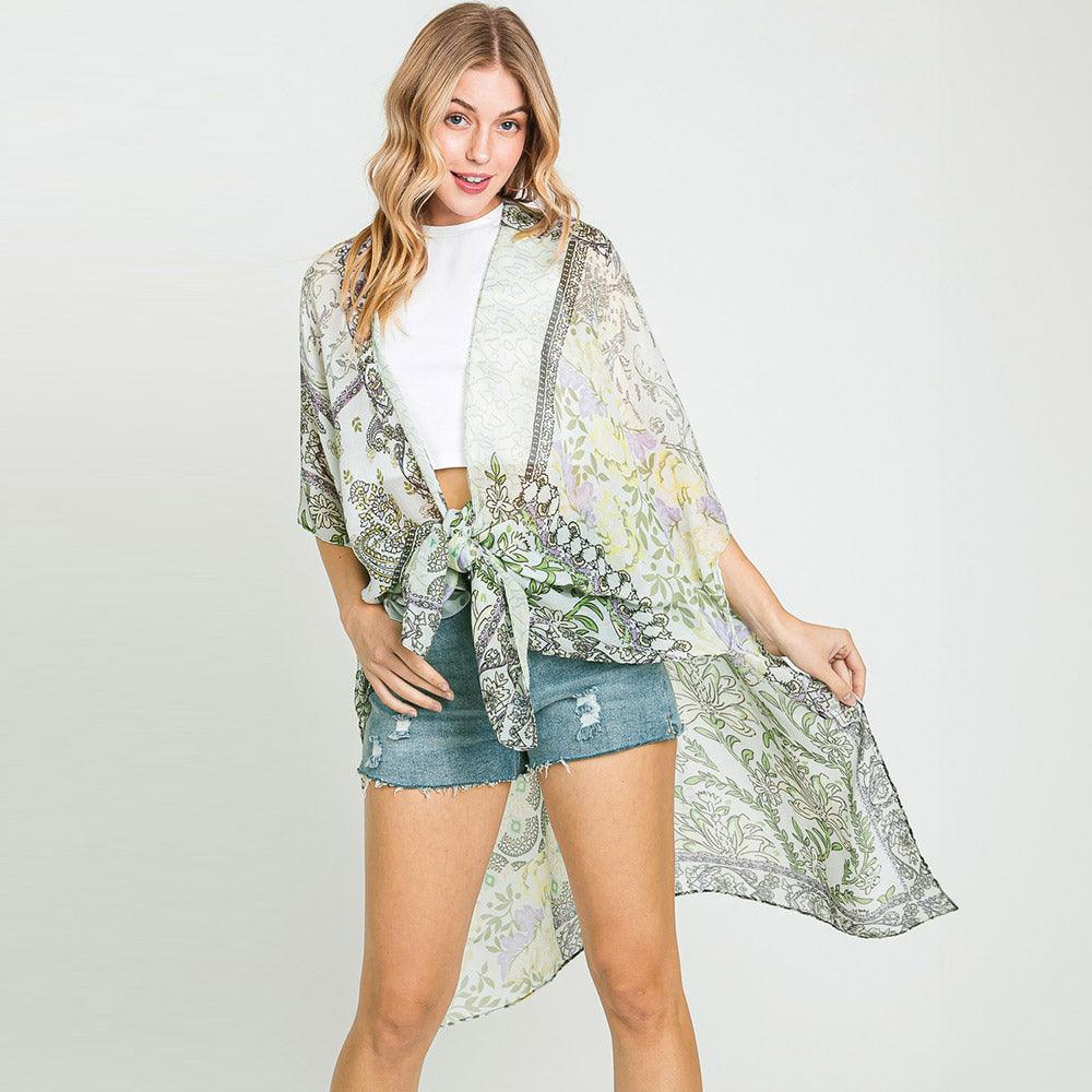 Lime Paisley Flower Print Kimono Poncho
