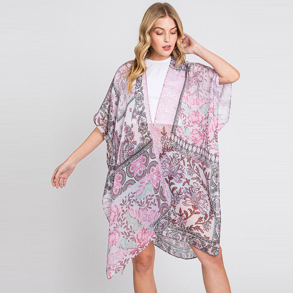 Pink Paisley Flower Print Kimono Poncho - Jewelry Store by Erik Rayo