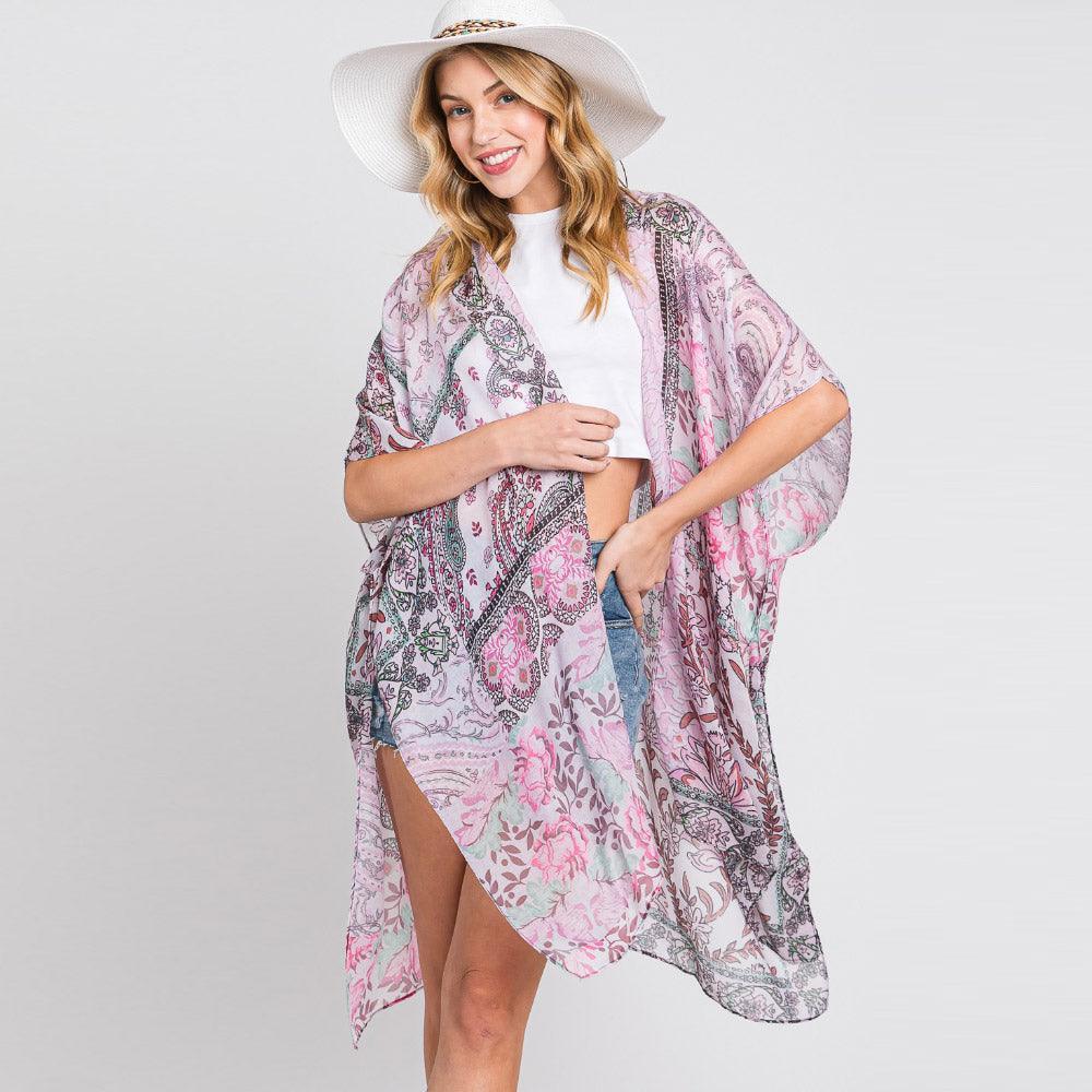 Pink Paisley Flower Print Kimono Poncho - Jewelry Store by Erik Rayo