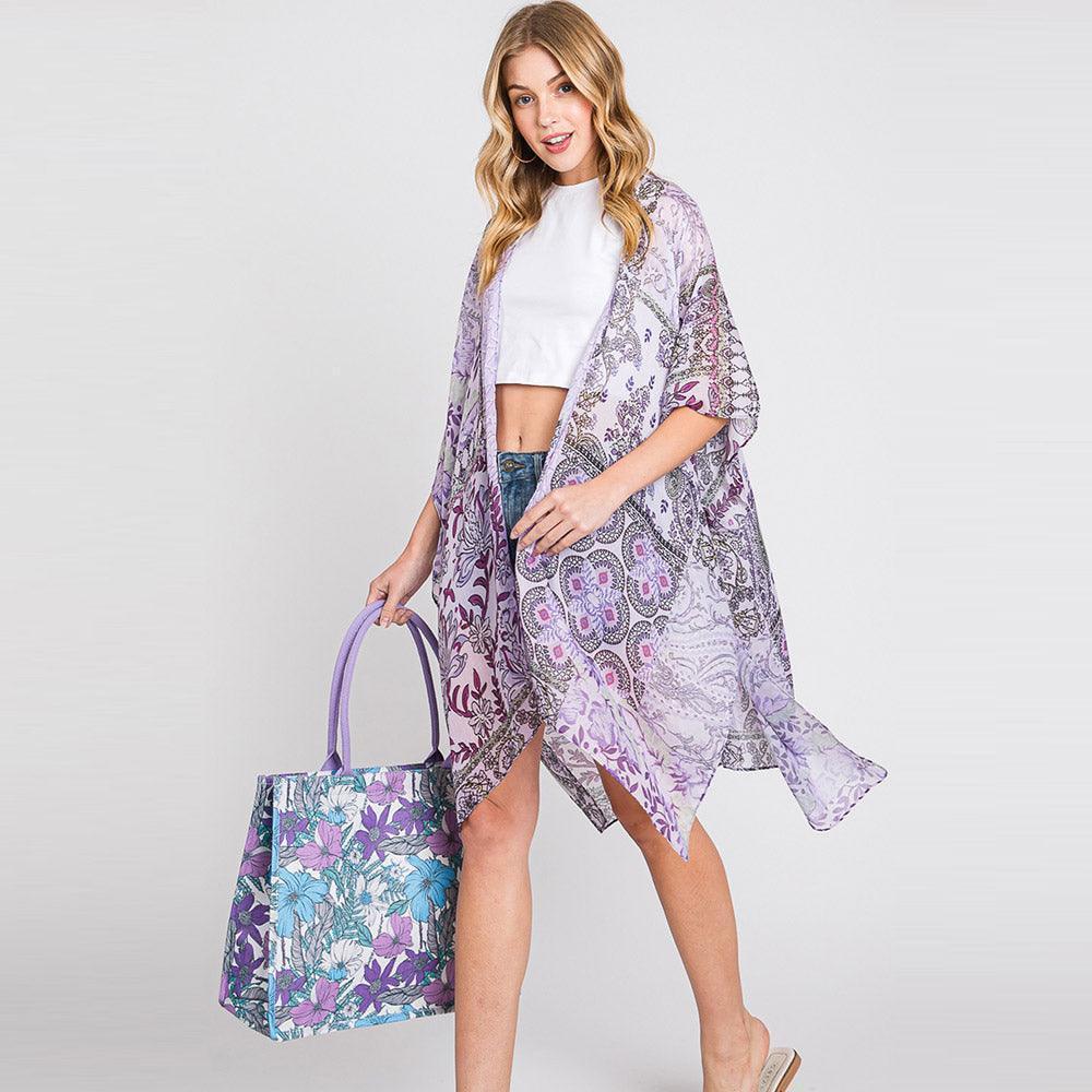 Purple Paisley Flower Print Kimono Poncho - Jewelry Store by Erik Rayo