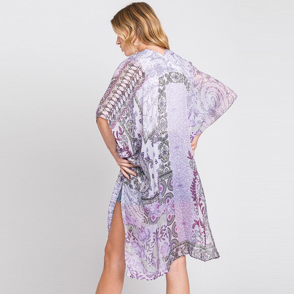 Purple Paisley Flower Print Kimono Poncho - Jewelry Store by Erik Rayo