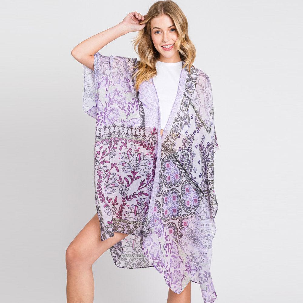 Purple Paisley Flower Print Kimono Poncho - Jewelry Store by Erik Rayo