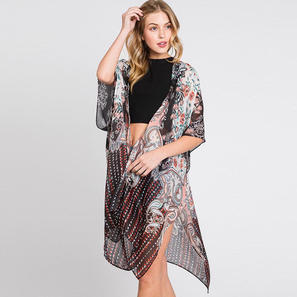 Black Abstract Paisley Flower Print Kimono Poncho - Jewelry Store by Erik Rayo