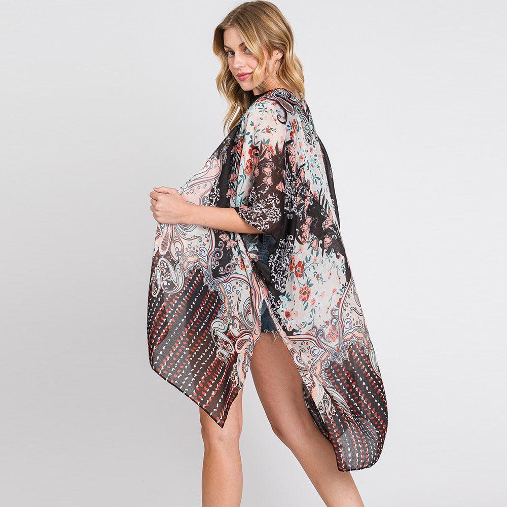 Black Abstract Paisley Flower Print Kimono Poncho - Jewelry Store by Erik Rayo
