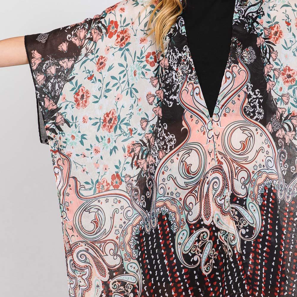 Black Abstract Paisley Flower Print Kimono Poncho - Jewelry Store by Erik Rayo