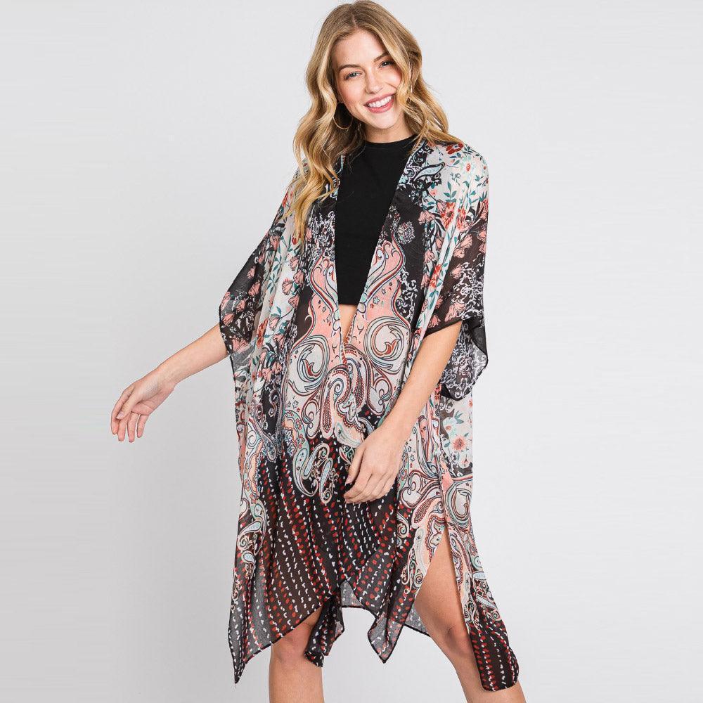 Black Abstract Paisley Flower Print Kimono Poncho - Jewelry Store by Erik Rayo