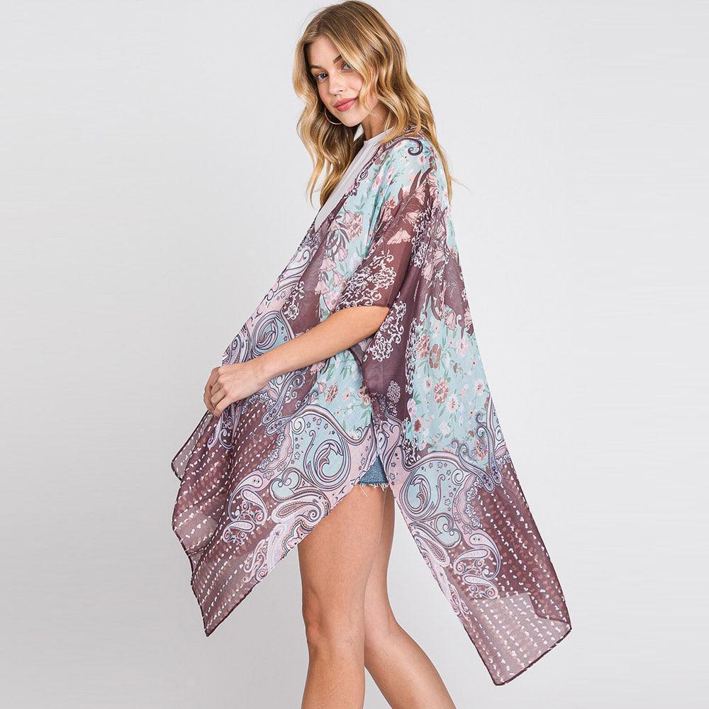Brown Abstract Paisley Flower Print Kimono Poncho - Jewelry Store by Erik Rayo