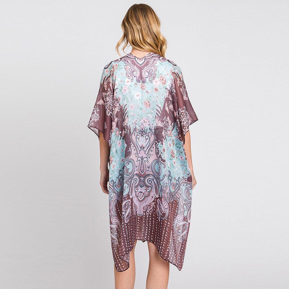 Brown Abstract Paisley Flower Print Kimono Poncho - Jewelry Store by Erik Rayo