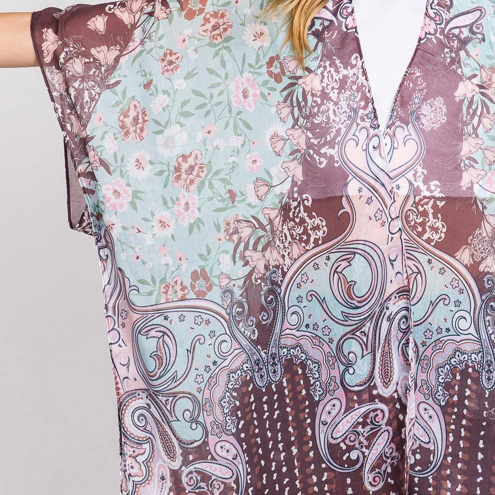 Brown Abstract Paisley Flower Print Kimono Poncho - Jewelry Store by Erik Rayo