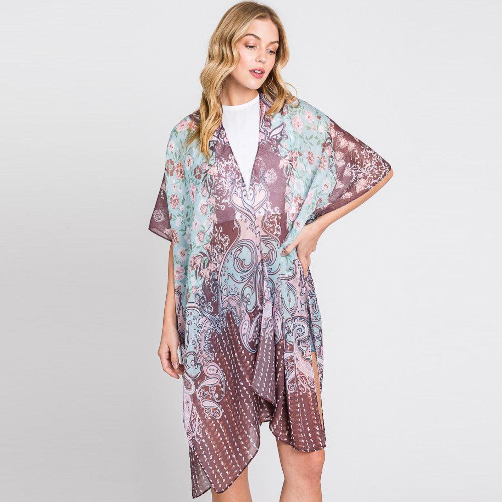 Brown Abstract Paisley Flower Print Kimono Poncho - Jewelry Store by Erik Rayo