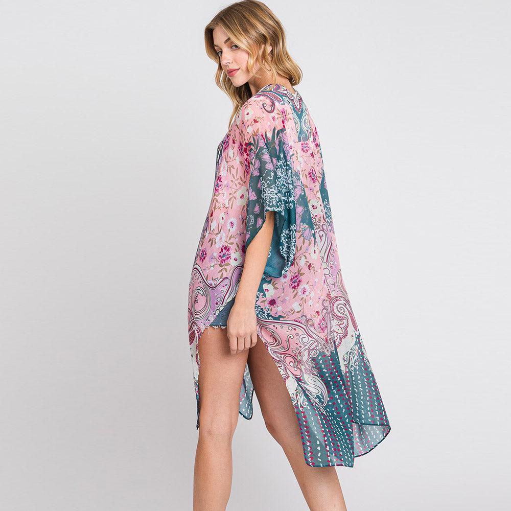 Teal Abstract Paisley Flower Print Kimono Poncho - Jewelry Store by Erik Rayo