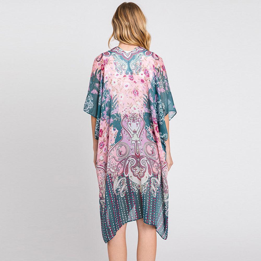 Teal Abstract Paisley Flower Print Kimono Poncho - Jewelry Store by Erik Rayo