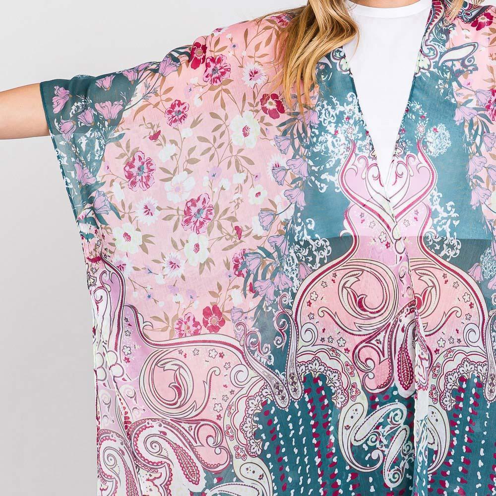 Teal Abstract Paisley Flower Print Kimono Poncho - Jewelry Store by Erik Rayo