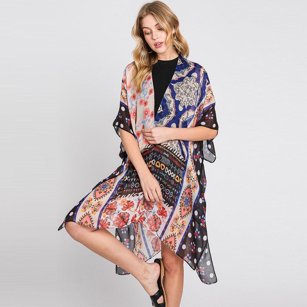 Black Abstract Paisley Flower Print Kimono Poncho - Jewelry Store by Erik Rayo