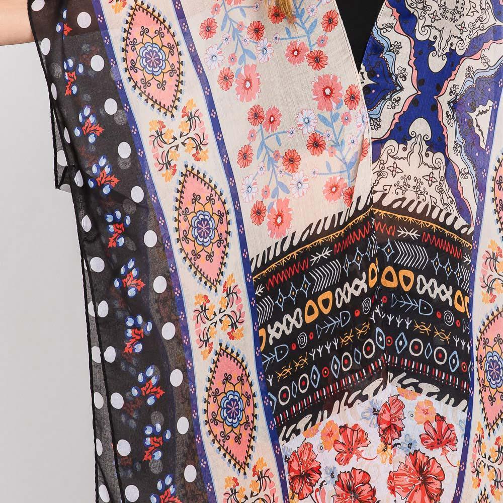 Black Abstract Paisley Flower Print Kimono Poncho - Jewelry Store by Erik Rayo