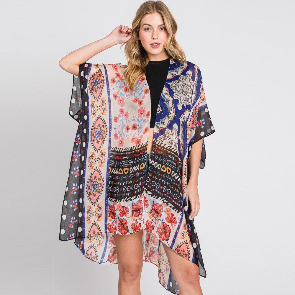 Black Abstract Paisley Flower Print Kimono Poncho - Jewelry Store by Erik Rayo