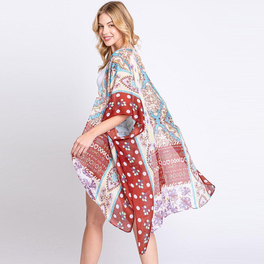 Brown Abstract Paisley Flower Print Kimono Poncho - Jewelry Store by Erik Rayo
