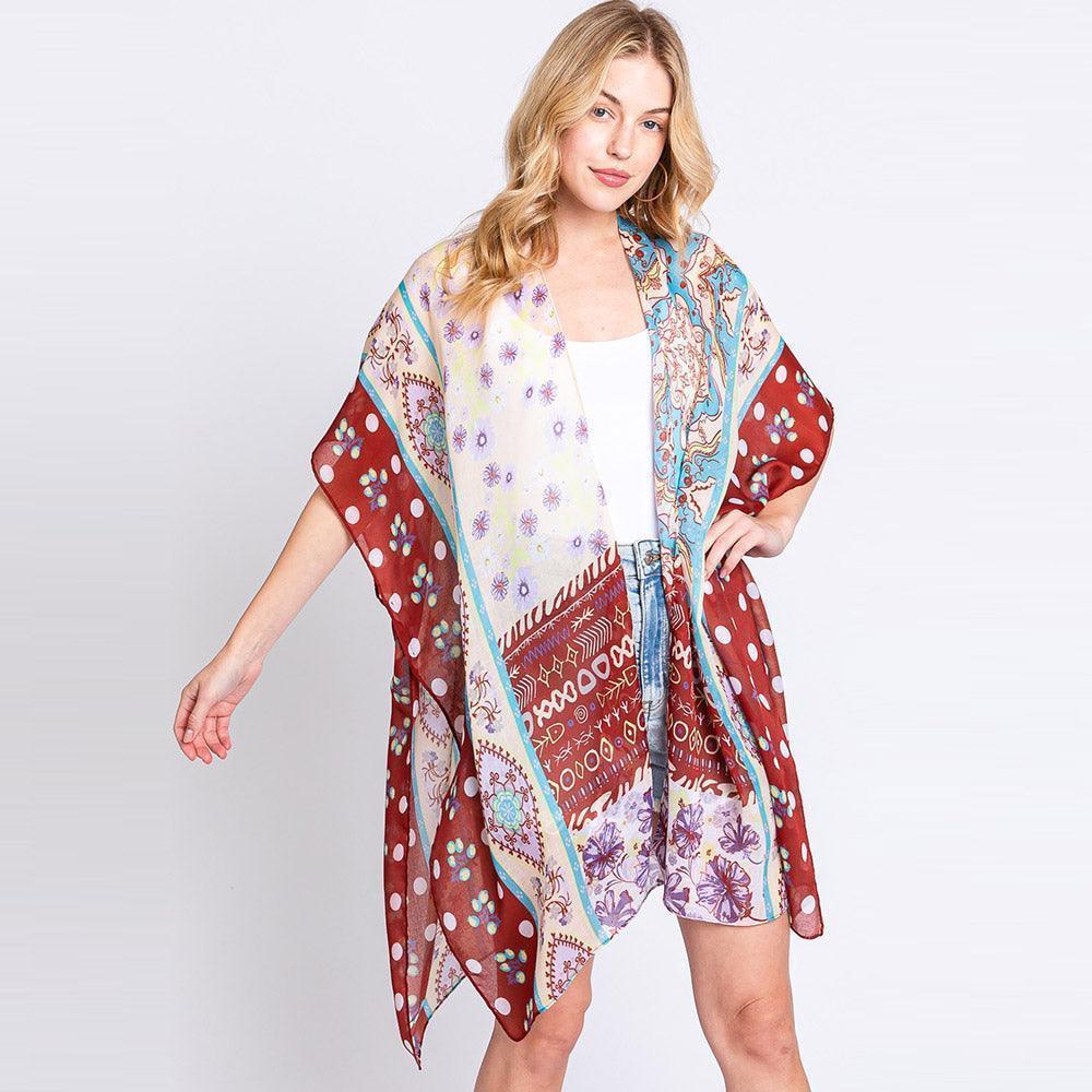 Brown Abstract Paisley Flower Print Kimono Poncho - Jewelry Store by Erik Rayo