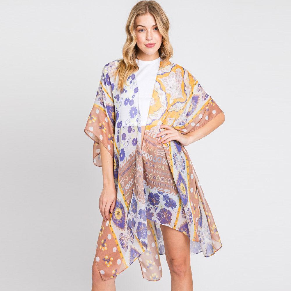 Taupe Abstract Paisley Flower Print Kimono Poncho - Jewelry Store by Erik Rayo