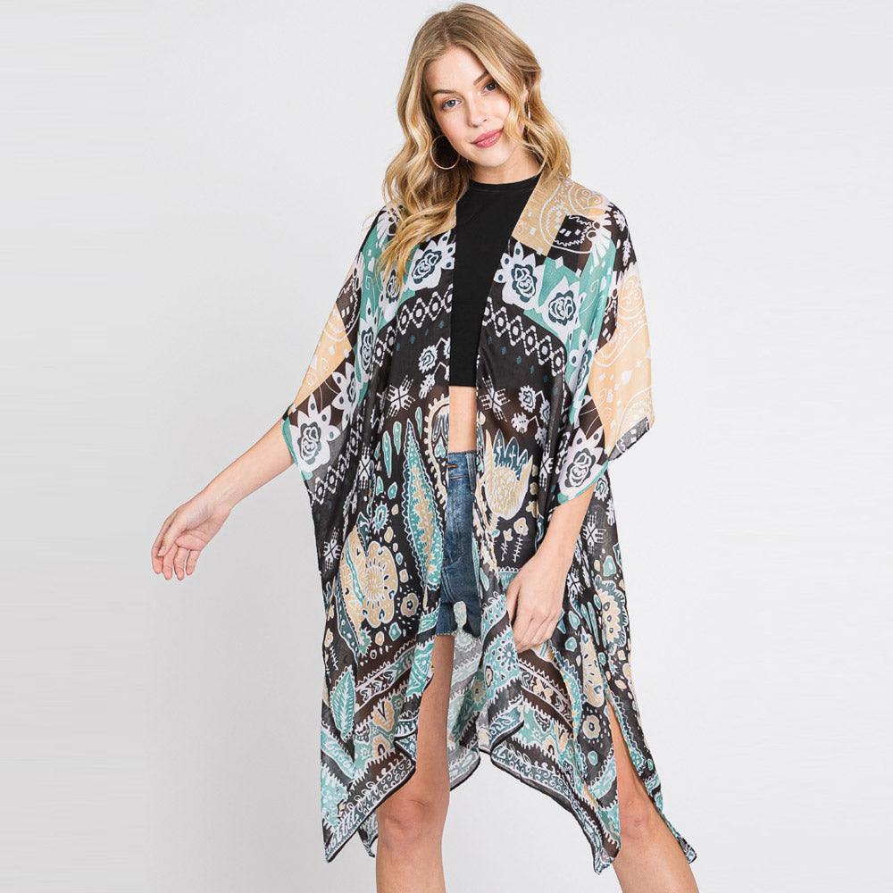 Green Geometric Boho Print Kimono Poncho - Jewelry Store by Erik Rayo