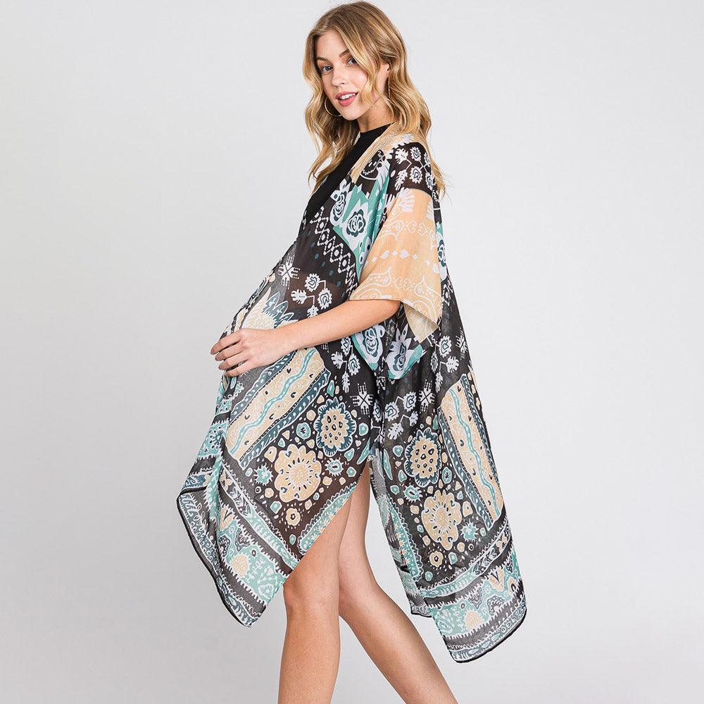 Green Geometric Boho Print Kimono Poncho - Jewelry Store by Erik Rayo